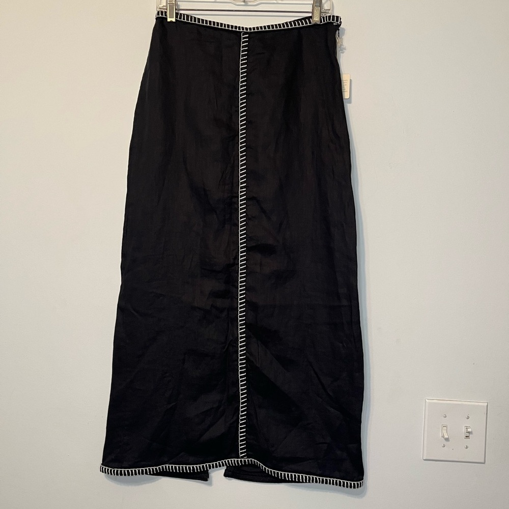 Magaschoni Black Linen Maxi Skirt with White Accent Stitching